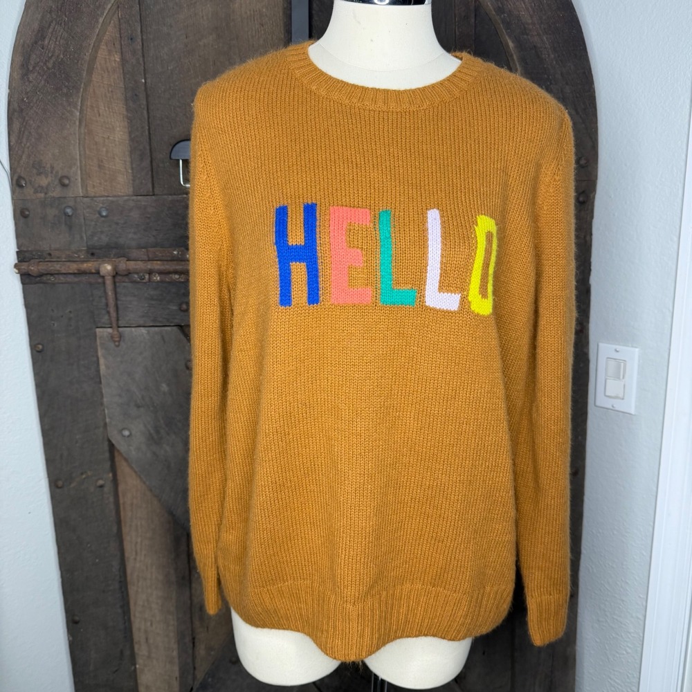 St. John's Bay Hello Graphic Sweater XL Brown Mustard Long Sleeve Knit